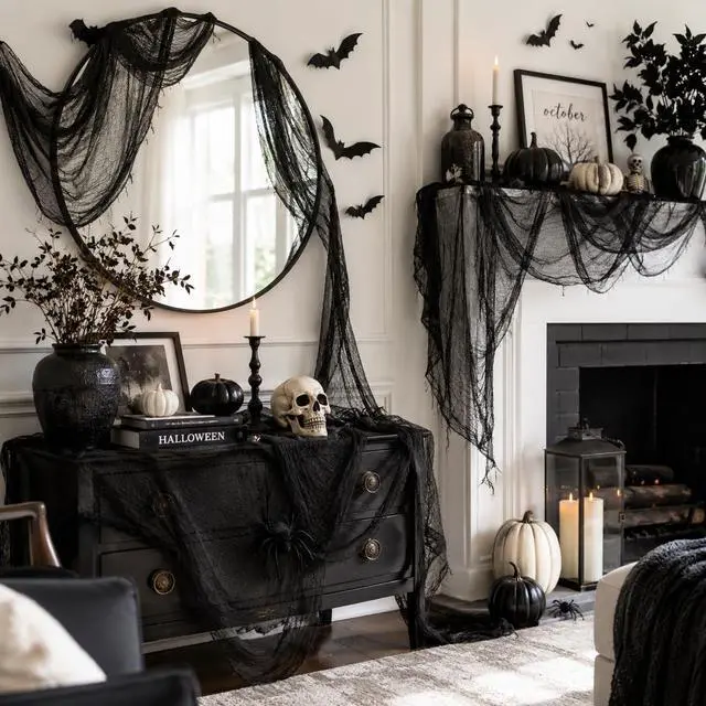 Alt view image 3 of 7 - 5 Pcs Black Halloween Gauze Creepy Cloth Fabric Tapestry Decor Decorations | 72 x 30 inch Indoor Outdoor Spooky Scary Gothic Vintage Halloween Decorations for Home Wall Table Party Yard Haunted House