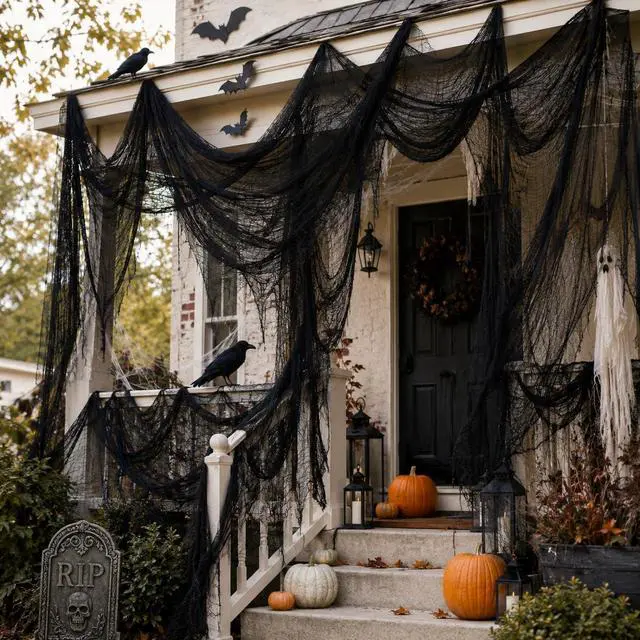 Alt view image 4 of 7 - 5 Pcs Black Halloween Gauze Creepy Cloth Fabric Tapestry Decor Decorations | 72 x 30 inch Indoor Outdoor Spooky Scary Gothic Vintage Halloween Decorations for Home Wall Table Party Yard Haunted House