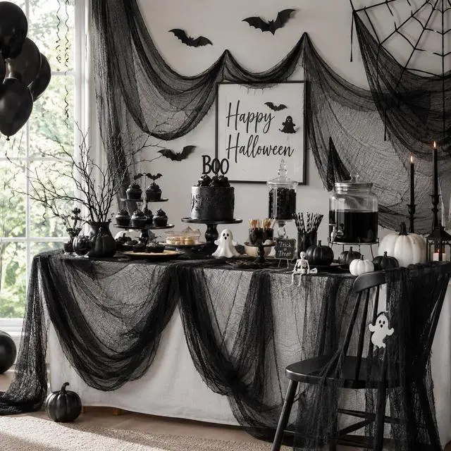 Alt view image 5 of 7 - 5 Pcs Black Halloween Gauze Creepy Cloth Fabric Tapestry Decor Decorations | 72 x 30 inch Indoor Outdoor Spooky Scary Gothic Vintage Halloween Decorations for Home Wall Table Party Yard Haunted House