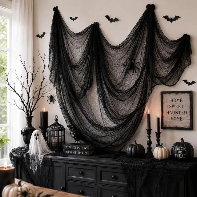 Alt view image 6 of 7 - 5 Pcs Black Halloween Gauze Creepy Cloth Fabric Tapestry Decor Decorations | 72 x 30 inch Indoor Outdoor Spooky Scary Gothic Vintage Halloween Decorations for Home Wall Table Party Yard Haunted House