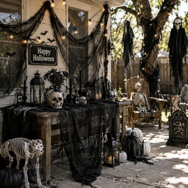 Alt view image 7 of 7 - 5 Pcs Black Halloween Gauze Creepy Cloth Fabric Tapestry Decor Decorations | 72 x 30 inch Indoor Outdoor Spooky Scary Gothic Vintage Halloween Decorations for Home Wall Table Party Yard Haunted House