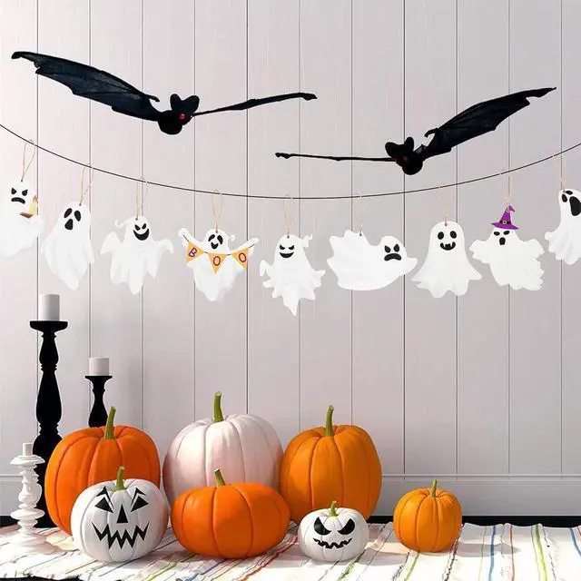 Alt view image 3 of 7 - 20Pcs Halloween Ornaments for Tree, Ghost Wooden Hanging Decorations Cute Design White Wooden Ghost Decor Gothic Spooky Halloween Tree Ornaments for Home Party Indoor Decor