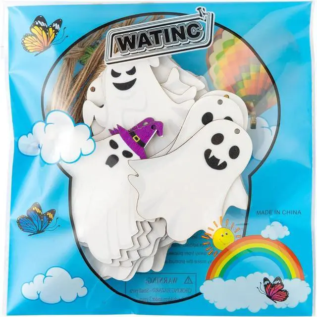 Alt view image 4 of 7 - 20Pcs Halloween Ornaments for Tree, Ghost Wooden Hanging Decorations Cute Design White Wooden Ghost Decor Gothic Spooky Halloween Tree Ornaments for Home Party Indoor Decor