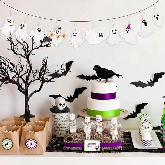 Alt view image 2 of 7 - 20Pcs Halloween Ornaments for Tree, Ghost Wooden Hanging Decorations Cute Design White Wooden Ghost Decor Gothic Spooky Halloween Tree Ornaments for Home Party Indoor Decor