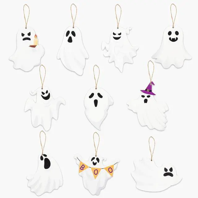 Main image of 20Pcs Halloween Ornaments for Tree, Ghost Wooden Hanging Decorations Cute Design White Wooden Ghost Decor Gothic Spooky Halloween Tree Ornaments for Home Party Indoor Decor