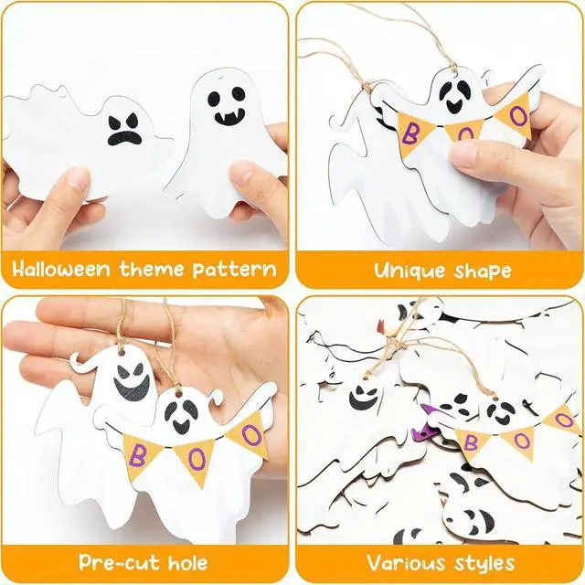 Alt view image 6 of 7 - 20Pcs Halloween Ornaments for Tree, Ghost Wooden Hanging Decorations Cute Design White Wooden Ghost Decor Gothic Spooky Halloween Tree Ornaments for Home Party Indoor Decor