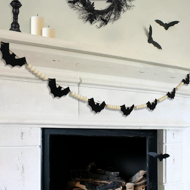 Main image of Halloween Garland Mantel Decor, Hanging Felt Bat Garland Adjustable | Pre-Strung Spooky Boho Wood Beads Halloween Banner for Fireplace Home Room Window Indoor Farmhouse Office Wall Decorations