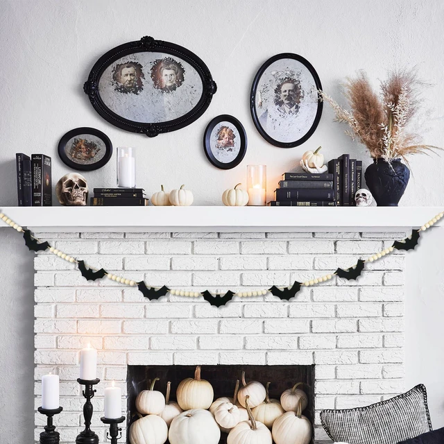 Alt view image 3 of 7 - Halloween Garland Mantel Decor, Hanging Felt Bat Garland Adjustable | Pre-Strung Spooky Boho Wood Beads Halloween Banner for Fireplace Home Room Window Indoor Farmhouse Office Wall Decorations
