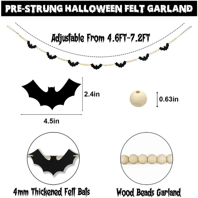 Alt view image 4 of 7 - Halloween Garland Mantel Decor, Hanging Felt Bat Garland Adjustable | Pre-Strung Spooky Boho Wood Beads Halloween Banner for Fireplace Home Room Window Indoor Farmhouse Office Wall Decorations