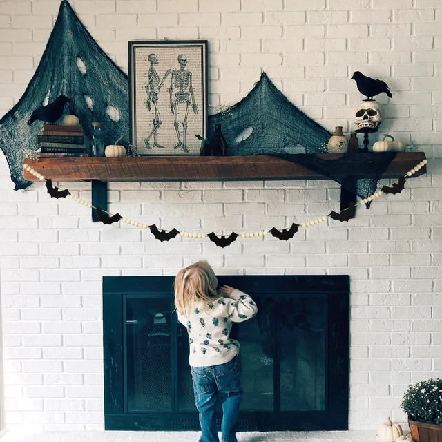 Alt view image 5 of 7 - Halloween Garland Mantel Decor, Hanging Felt Bat Garland Adjustable | Pre-Strung Spooky Boho Wood Beads Halloween Banner for Fireplace Home Room Window Indoor Farmhouse Office Wall Decorations