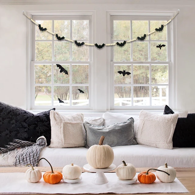 Alt view image 7 of 7 - Halloween Garland Mantel Decor, Hanging Felt Bat Garland Adjustable | Pre-Strung Spooky Boho Wood Beads Halloween Banner for Fireplace Home Room Window Indoor Farmhouse Office Wall Decorations