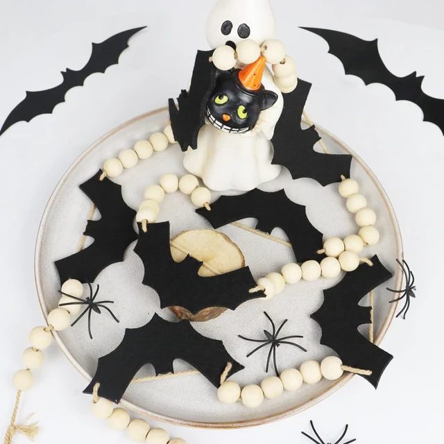 Alt view image 6 of 7 - Halloween Garland Mantel Decor, Hanging Felt Bat Garland Adjustable | Pre-Strung Spooky Boho Wood Beads Halloween Banner for Fireplace Home Room Window Indoor Farmhouse Office Wall Decorations