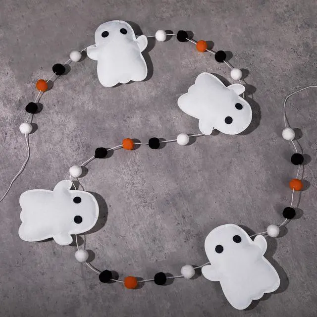 Main image of 7ft Halloween Ghost Felt Ball Garland Party Decor,Black Orange | Cute Ghost Shapes with Pom Poms, Fireplace Doorway Hanging, Indoor Outdoor Spooky Atmosphere, Quick Setup Decor