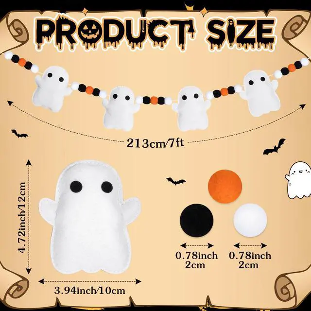 Alt view image 2 of 6 - 7ft Halloween Ghost Felt Ball Garland Party Decor,Black Orange | Cute Ghost Shapes with Pom Poms, Fireplace Doorway Hanging, Indoor Outdoor Spooky Atmosphere, Quick Setup Decor