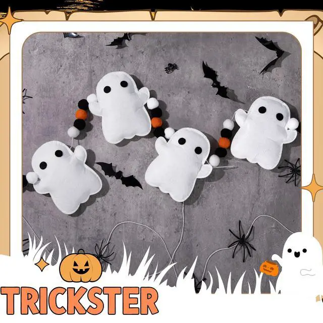 Alt view image 3 of 6 - 7ft Halloween Ghost Felt Ball Garland Party Decor,Black Orange | Cute Ghost Shapes with Pom Poms, Fireplace Doorway Hanging, Indoor Outdoor Spooky Atmosphere, Quick Setup Decor