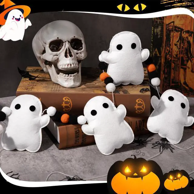 Alt view image 5 of 6 - 7ft Halloween Ghost Felt Ball Garland Party Decor,Black Orange | Cute Ghost Shapes with Pom Poms, Fireplace Doorway Hanging, Indoor Outdoor Spooky Atmosphere, Quick Setup Decor