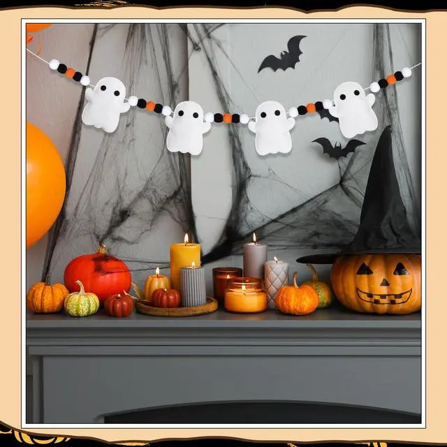 Alt view image 4 of 6 - 7ft Halloween Ghost Felt Ball Garland Party Decor,Black Orange | Cute Ghost Shapes with Pom Poms, Fireplace Doorway Hanging, Indoor Outdoor Spooky Atmosphere, Quick Setup Decor