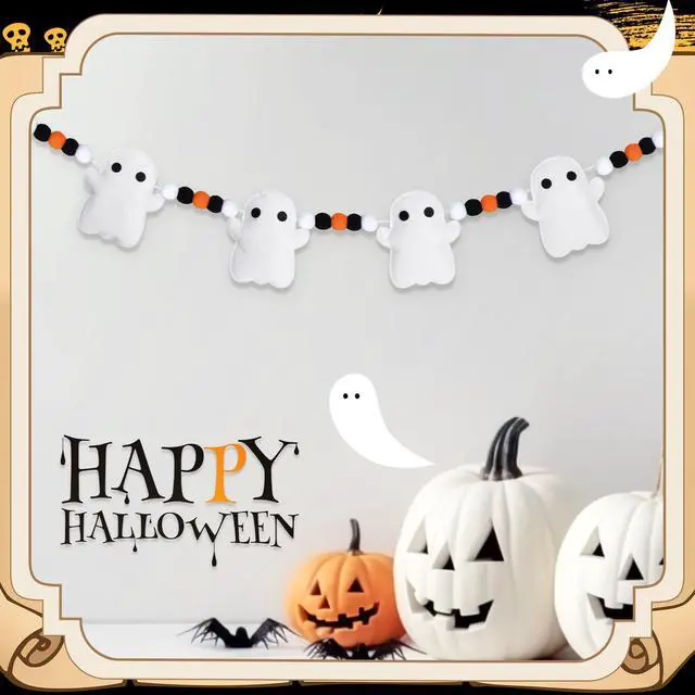 Alt view image 6 of 6 - 7ft Halloween Ghost Felt Ball Garland Party Decor,Black Orange | Cute Ghost Shapes with Pom Poms, Fireplace Doorway Hanging, Indoor Outdoor Spooky Atmosphere, Quick Setup Decor