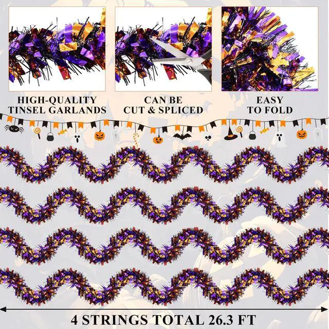 Alt view image 2 of 6 - 4 Strings Total 26.4 FT Halloween Tinsel Garlands Each 6.6 FT Black Orange Purple Metallic Fringe Garland for Halloween Parties, Haunted Houses, and Spooky Decorations