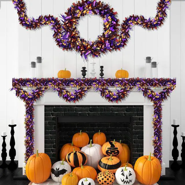 Alt view image 3 of 6 - 4 Strings Total 26.4 FT Halloween Tinsel Garlands Each 6.6 FT Black Orange Purple Metallic Fringe Garland for Halloween Parties, Haunted Houses, and Spooky Decorations