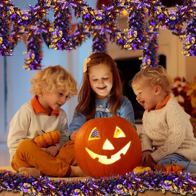 Alt view image 4 of 6 - 4 Strings Total 26.4 FT Halloween Tinsel Garlands Each 6.6 FT Black Orange Purple Metallic Fringe Garland for Halloween Parties, Haunted Houses, and Spooky Decorations