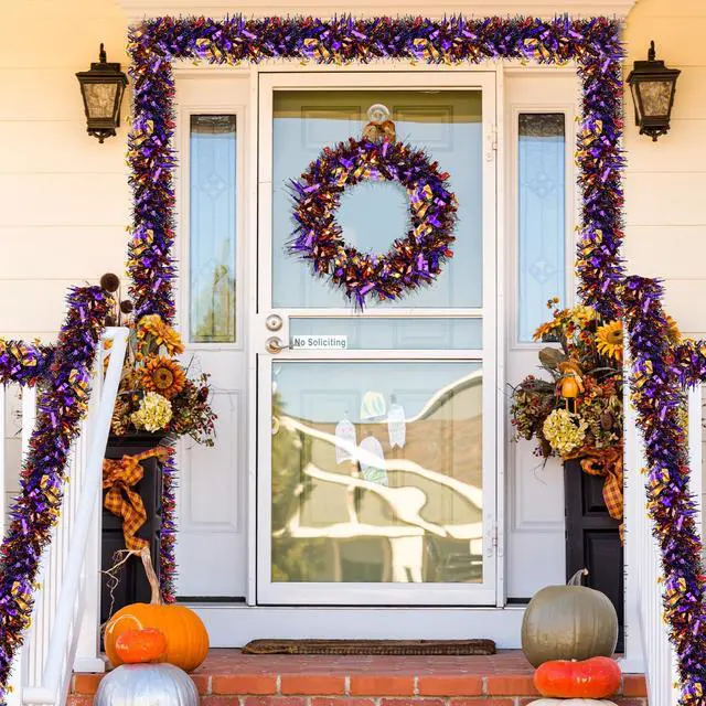 Alt view image 5 of 6 - 4 Strings Total 26.4 FT Halloween Tinsel Garlands Each 6.6 FT Black Orange Purple Metallic Fringe Garland for Halloween Parties, Haunted Houses, and Spooky Decorations