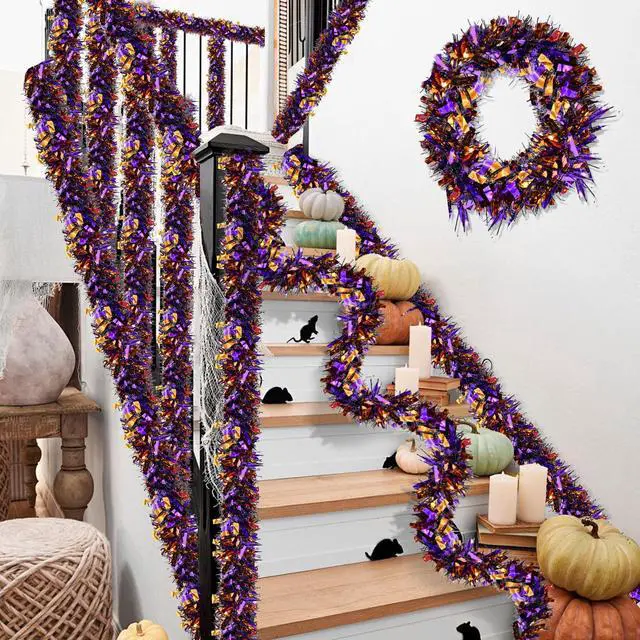 Alt view image 6 of 6 - 4 Strings Total 26.4 FT Halloween Tinsel Garlands Each 6.6 FT Black Orange Purple Metallic Fringe Garland for Halloween Parties, Haunted Houses, and Spooky Decorations