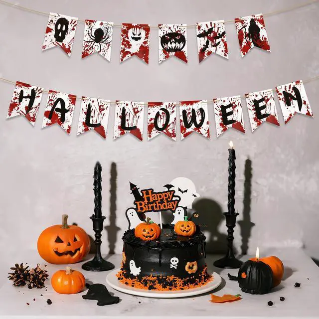 Alt view image 3 of 7 - 2pcs Halloween Banner, Creative Halloween Hanging Garland with Skeletons Ghosts Pumpkins Spiders Spooky Decorations for Indoor and Outdoor Haunted Houses Party Supplies Accessories