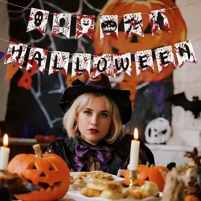 Alt view image 5 of 7 - 2pcs Halloween Banner, Creative Halloween Hanging Garland with Skeletons Ghosts Pumpkins Spiders Spooky Decorations for Indoor and Outdoor Haunted Houses Party Supplies Accessories