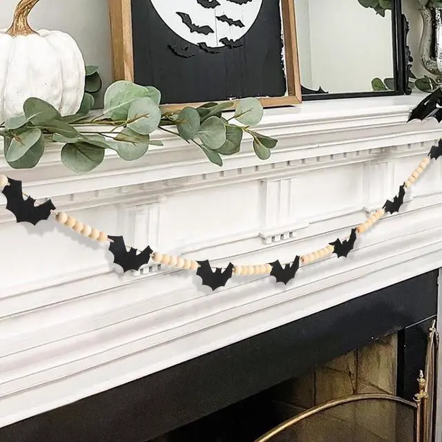 Main image of Halloween Decorations-Black Felt Bats Wood Beads Garland | Halloween Decorations Indoor- Farmhouse Felt Banner for Fireplace Mantel Walls