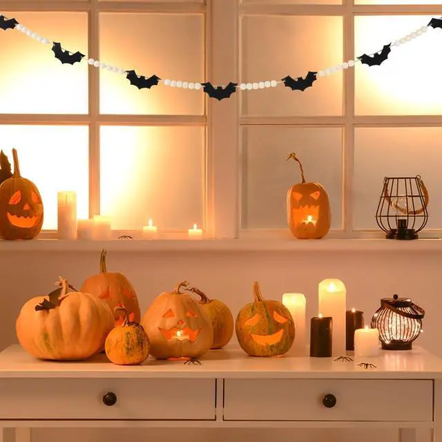 Alt view image 2 of 7 - Halloween Decorations-Black Felt Bats Wood Beads Garland | Halloween Decorations Indoor- Farmhouse Felt Banner for Fireplace Mantel Walls