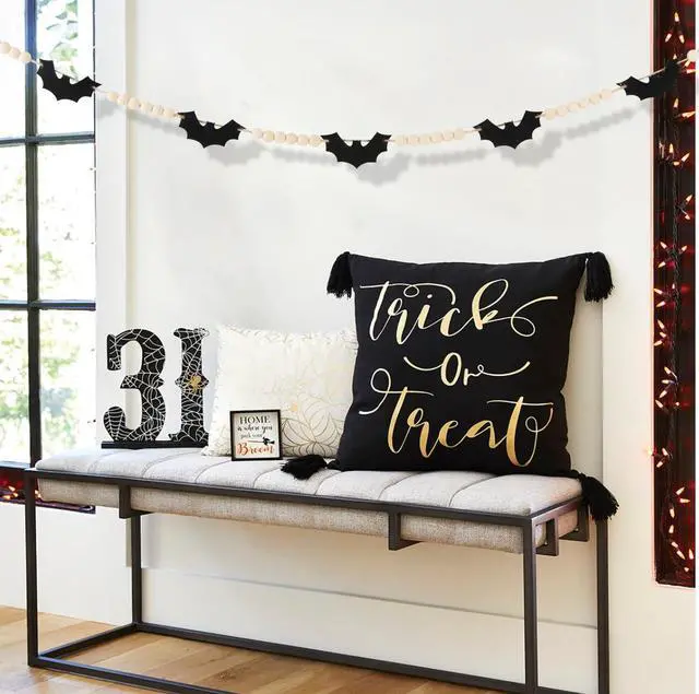 Alt view image 3 of 7 - Halloween Decorations-Black Felt Bats Wood Beads Garland | Halloween Decorations Indoor- Farmhouse Felt Banner for Fireplace Mantel Walls
