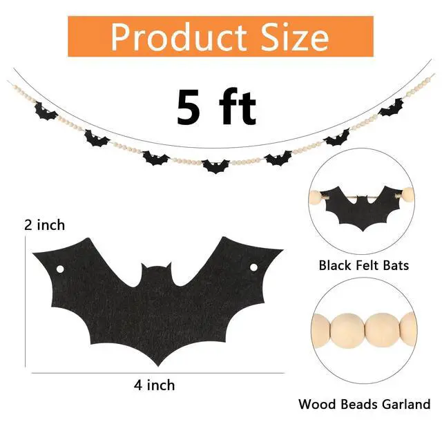 Alt view image 4 of 7 - Halloween Decorations-Black Felt Bats Wood Beads Garland | Halloween Decorations Indoor- Farmhouse Felt Banner for Fireplace Mantel Walls