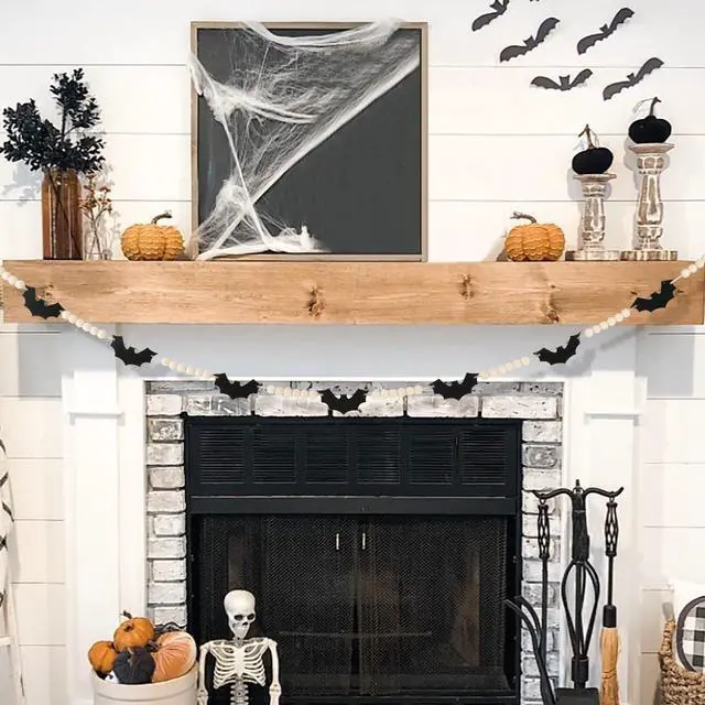 Alt view image 5 of 7 - Halloween Decorations-Black Felt Bats Wood Beads Garland | Halloween Decorations Indoor- Farmhouse Felt Banner for Fireplace Mantel Walls