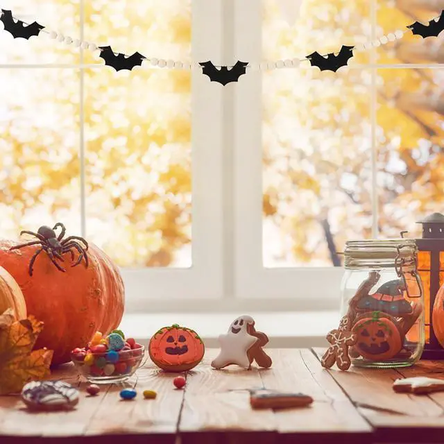 Alt view image 7 of 7 - Halloween Decorations-Black Felt Bats Wood Beads Garland | Halloween Decorations Indoor- Farmhouse Felt Banner for Fireplace Mantel Walls