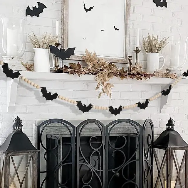 Alt view image 6 of 7 - Halloween Decorations-Black Felt Bats Wood Beads Garland | Halloween Decorations Indoor- Farmhouse Felt Banner for Fireplace Mantel Walls