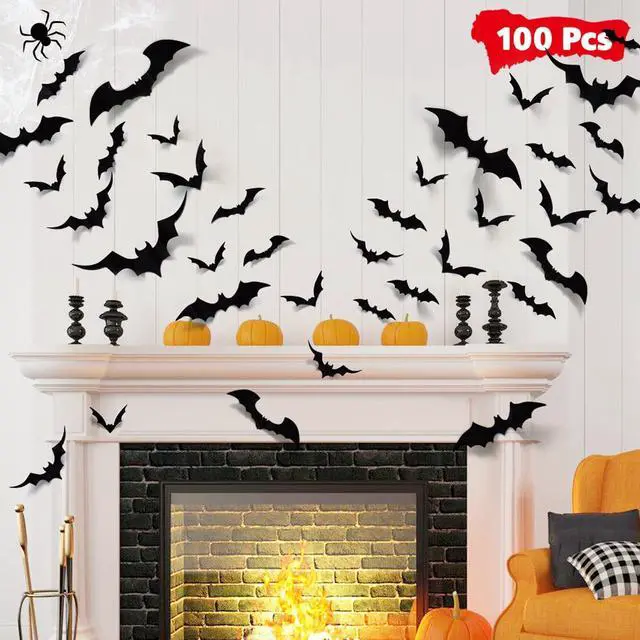 Main image of 100Pcs Bats Halloween Decorations: Halloween Bats Wall Décor Sticker | PVC 3D Bats Wall Stickers, Scary Halloween Party Decorations Indoor Outdoor, DIY Home/Window/Door/Décor, Fall Décor