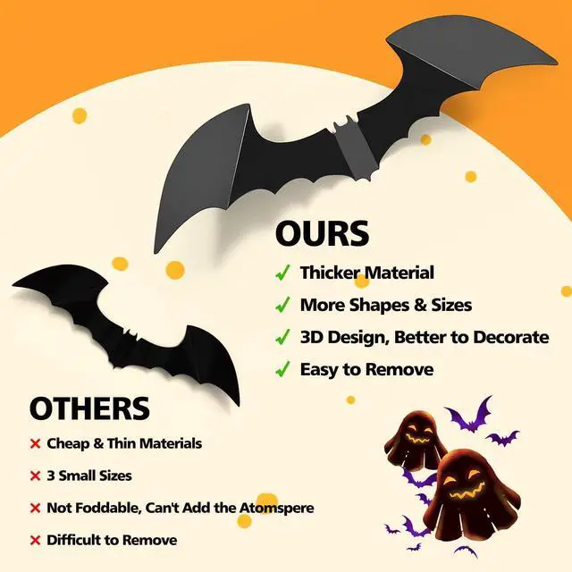Alt view image 2 of 7 - 100Pcs Bats Halloween Decorations: Halloween Bats Wall Décor Sticker | PVC 3D Bats Wall Stickers, Scary Halloween Party Decorations Indoor Outdoor, DIY Home/Window/Door/Décor, Fall Décor