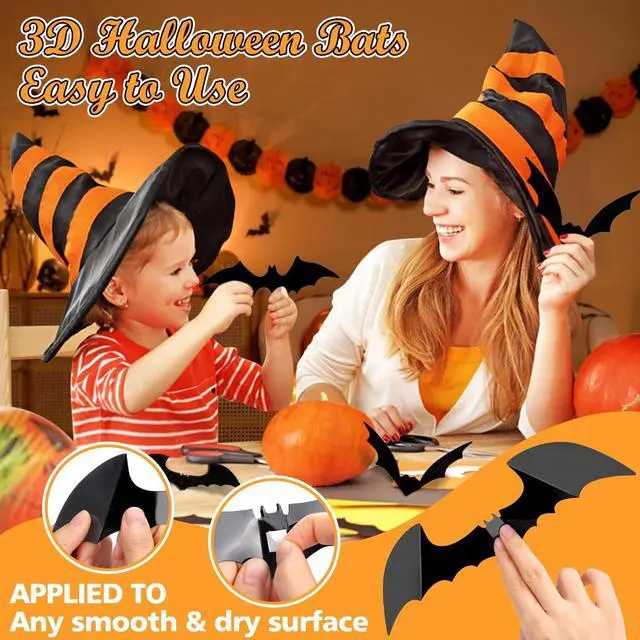 Alt view image 3 of 7 - 100Pcs Bats Halloween Decorations: Halloween Bats Wall Décor Sticker | PVC 3D Bats Wall Stickers, Scary Halloween Party Decorations Indoor Outdoor, DIY Home/Window/Door/Décor, Fall Décor