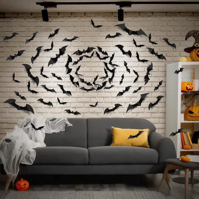 Alt view image 5 of 7 - 100Pcs Bats Halloween Decorations: Halloween Bats Wall Décor Sticker | PVC 3D Bats Wall Stickers, Scary Halloween Party Decorations Indoor Outdoor, DIY Home/Window/Door/Décor, Fall Décor