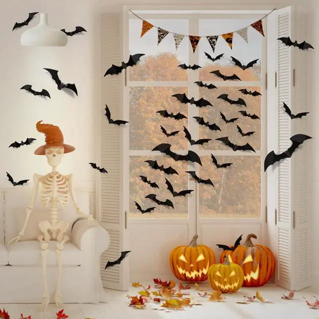 Alt view image 6 of 7 - 100Pcs Bats Halloween Decorations: Halloween Bats Wall Décor Sticker | PVC 3D Bats Wall Stickers, Scary Halloween Party Decorations Indoor Outdoor, DIY Home/Window/Door/Décor, Fall Décor