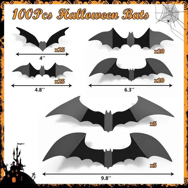 Alt view image 7 of 7 - 100Pcs Bats Halloween Decorations: Halloween Bats Wall Décor Sticker | PVC 3D Bats Wall Stickers, Scary Halloween Party Decorations Indoor Outdoor, DIY Home/Window/Door/Décor, Fall Décor