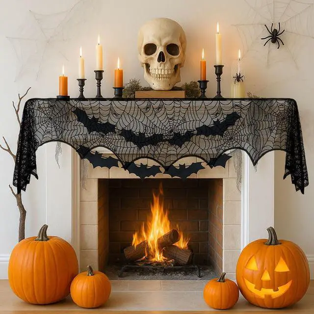 Alt view image 4 of 7 - Halloween Decorations Black Lace Spiderweb Fireplace Mantle Scarf Cover(19x99 Inch) Indoor Outdoor Spider Web Netting Spooky Haunted House Home Room Bedroom Table Wall Decor Party Favors Supplies