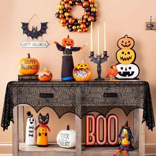 Alt view image 6 of 7 - Halloween Decorations Black Lace Spiderweb Fireplace Mantle Scarf Cover(19x99 Inch) Indoor Outdoor Spider Web Netting Spooky Haunted House Home Room Bedroom Table Wall Decor Party Favors Supplies