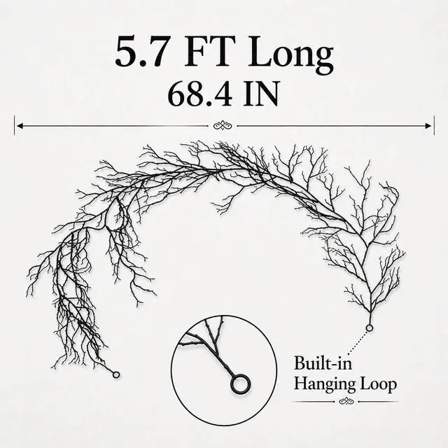 Alt view image 2 of 7 - 5.7FT Black Halloween Garland - Branch Garland with Hanging Loops | Spooky Black Vines for Mantels, Walls, Doors, Staircases, Windows, Bedrooms and Gothic Halloween Parties