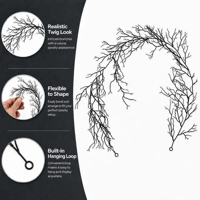Alt view image 3 of 7 - 5.7FT Black Halloween Garland - Branch Garland with Hanging Loops | Spooky Black Vines for Mantels, Walls, Doors, Staircases, Windows, Bedrooms and Gothic Halloween Parties