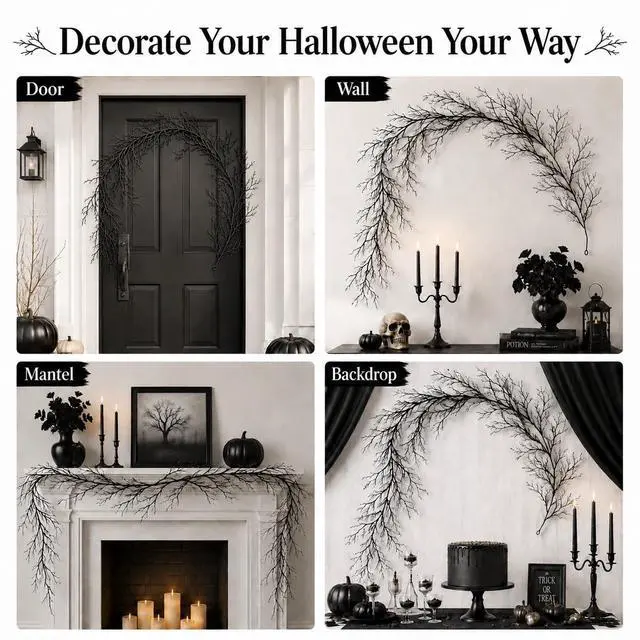 Alt view image 7 of 7 - 5.7FT Black Halloween Garland - Branch Garland with Hanging Loops | Spooky Black Vines for Mantels, Walls, Doors, Staircases, Windows, Bedrooms and Gothic Halloween Parties
