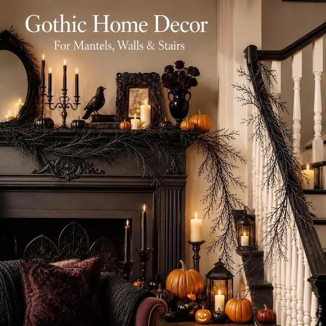 Alt view image 5 of 7 - 5.7FT Black Halloween Garland - Branch Garland with Hanging Loops | Spooky Black Vines for Mantels, Walls, Doors, Staircases, Windows, Bedrooms and Gothic Halloween Parties