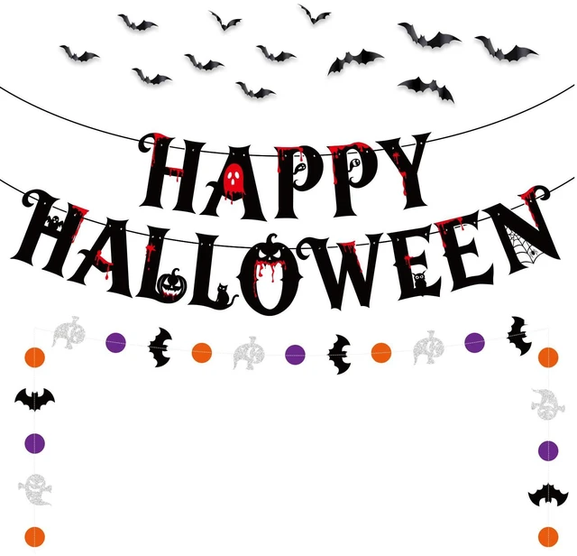 Main image of Happy Halloween Banner Bat Ghost Garland Halloween Party Decorations Indoor | 2 PCS Halloween Hanging Decorations with 12 PCS 3D Bats for Fireplace Mantel Wall Indoor,Halloween Party Supplies