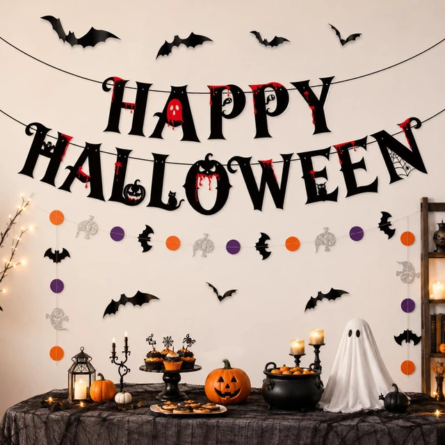 Alt view image 2 of 7 - Happy Halloween Banner Bat Ghost Garland Halloween Party Decorations Indoor | 2 PCS Halloween Hanging Decorations with 12 PCS 3D Bats for Fireplace Mantel Wall Indoor,Halloween Party Supplies